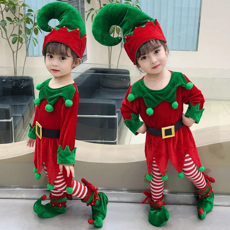 Boys Girls Christmas Costume Festival Santa Clause Green Elf for Baby Kids New Year Children Clothing Set Fancy Xmas Party Dress