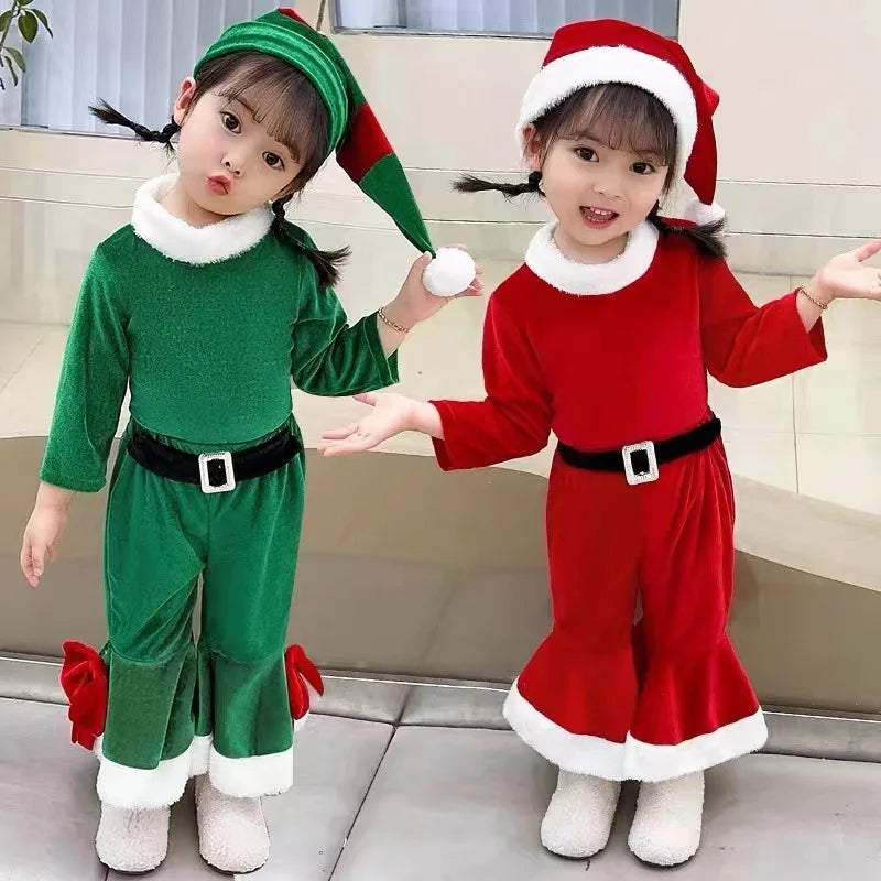 Boys Girls Christmas Costume Festival Santa Clause Green Elf for Baby Kids New Year Children Clothing Set Fancy Xmas Party Dress